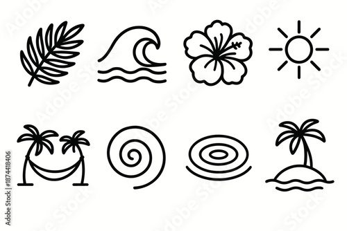 Tropical Icon Medley. Tropical Ocean Breeze set in outline vector style: palm leaf, wave crest, hibiscus flower, sunbeam, breezy hammock, seashell swirl, light ripple, island horizon
