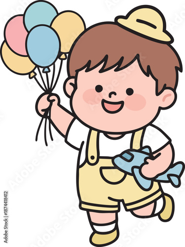 Kindergarten boy in yellow uniform running with toy plane and balloons. Happy school picnic vector illustration.