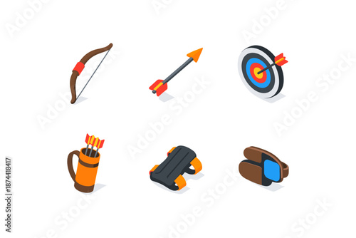 Isometric archery icons set with bow, arrow, and target elements