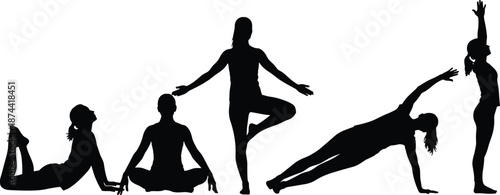 Yoga poses vector illustration, black silhouette of five individuals, meditation and stretching postures, wellness concept, fitness design, minimal style