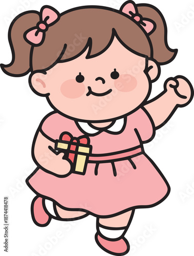 Excited little girl holding a gift box and cheering. Children's Day surprise present vector illustration.