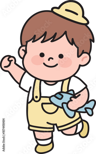 Excited kindergarten boy holding a toy plane gift. Children's Day celebration at school vector illustration.