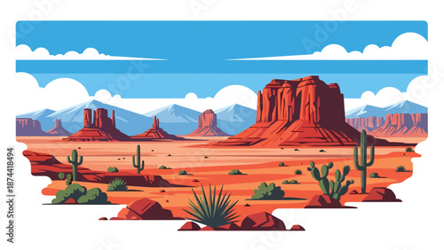 Flat vector illustration of New Mexico desert landscape with mesas, red rock formations, distant mountains, and vast skies, southwestern scenery in solid colors