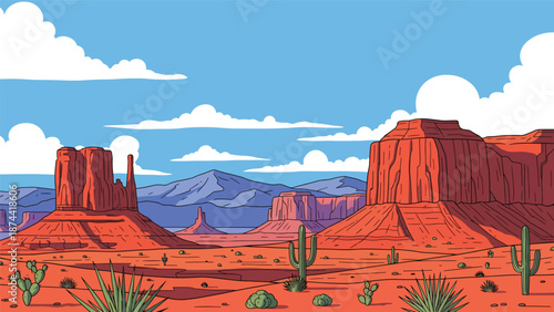 Flat vector illustration of New Mexico desert landscape with mesas, red rock formations, distant mountains, and vast skies, southwestern scenery in solid colors