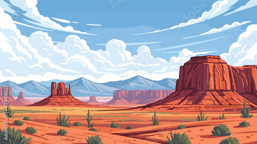 Flat vector illustration of New Mexico desert landscape with mesas, red rock formations, distant mountains, and vast skies, southwestern scenery in solid colors