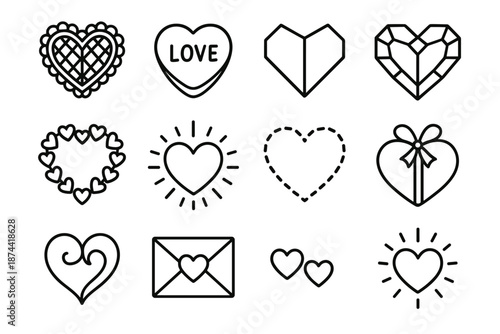 Valentine's Heart Icons. Valentine’s Day Heart Collection set in outline vector style: lace heart, candy heart, folded paper heart, jeweled heart, heart wreath,