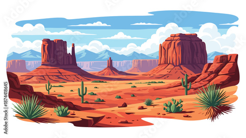 Flat vector illustration of New Mexico desert landscape with mesas, red rock formations, distant mountains, and vast skies, southwestern scenery in solid colors