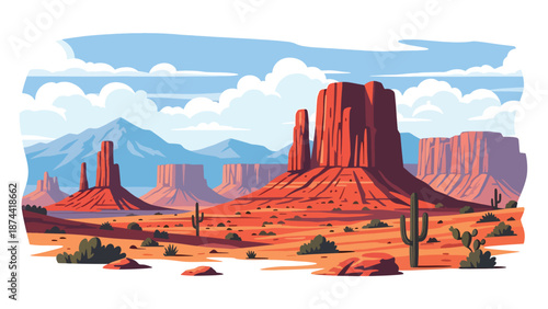 Flat vector illustration of New Mexico desert landscape with mesas, red rock formations, distant mountains, and vast skies, southwestern scenery in solid colors