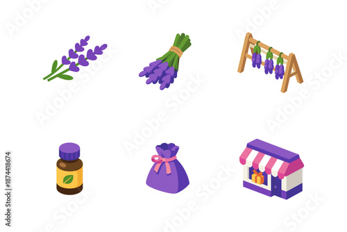 Isometric lavender essentials: aromatherapy, dried flowers, and spa shop set