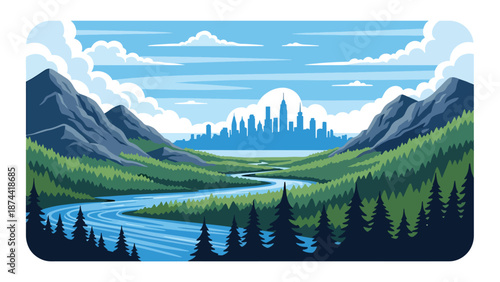 Flat vector illustration of New York landscape blending forests, rivers, mountains, and distant city skyline silhouette, balanced urban and natural scenery in solid colors