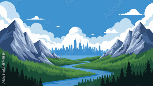 Flat vector illustration of New York landscape blending forests, rivers, mountains, and distant city skyline silhouette, balanced urban and natural scenery in solid colors