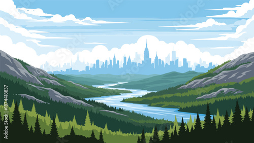 Flat vector illustration of New York landscape blending forests, rivers, mountains, and distant city skyline silhouette, balanced urban and natural scenery in solid colors
