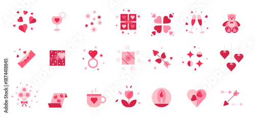 Valentine’s Day Love Icons Set in Pink Flat Style with geometric hearts, gifts, flowers and romantic symbols. Soft pink color palette for greeting cards, UI design, social media and festive branding