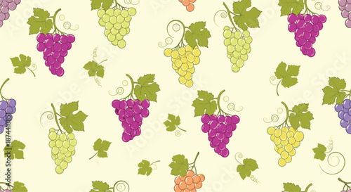 Vibrant seamless pattern of purple and green grapes with green leaves and curly tendrils on a light yellowish background for food branding.