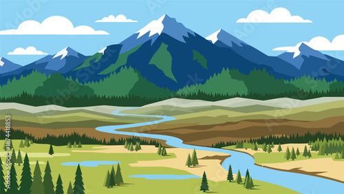 Flat vector illustration of North Carolina landscape combining Appalachian mountains, forests, rivers, and coastal plains, diverse natural scenery in clean flat colors