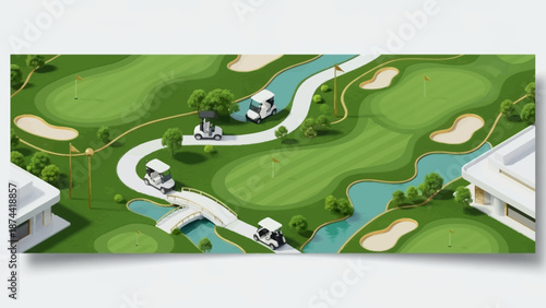Golf Course with Golf Carts and Water Features.