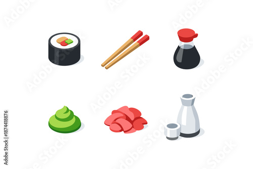 Isometric sushi set with soy sauce, wasabi, chopsticks, and sake elements
