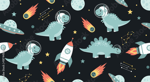 Seamless pattern for kids featuring cute dinosaur astronauts in space helmets with rockets, meteors, and stars on a dark black background.