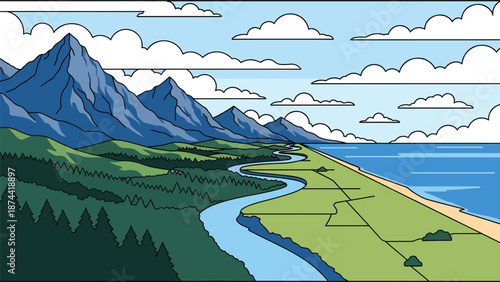 Flat vector illustration of North Carolina landscape combining Appalachian mountains, forests, rivers, and coastal plains, diverse natural scenery in clean flat colors
