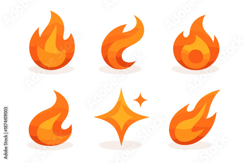 Flaming Icon Set. Burning Drive set in isometric flat vector : sharp flame, energetic curve, pulsing point, heated wave, strong shimmer, driven streak