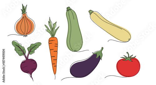 Continuous line drawing of various fresh vegetables including a carrot, tomato, eggplant, and beet in vibrant colors on a white background.