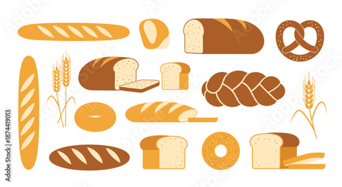Collection of various types of bread and bakery items including a baguette, loaf, pretzel, and bagel on a plain white background.