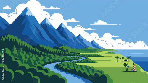 Flat vector illustration of North Carolina landscape combining Appalachian mountains, forests, rivers, and coastal plains, diverse natural scenery in clean flat colors