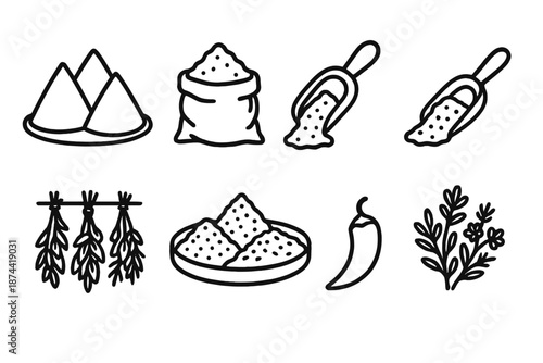 Spice Market Icons. Middle Eastern Spice Market set in outline vector style: spice cones, burlap sacks, wooden scoop, clay bowl, dried chili, fragrant herbs, hanging bundles, market tray