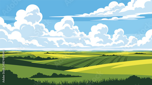 Flat vector illustration of North Dakota plains with rolling hills, farmland, and big skies, peaceful rural scenery rendered in solid flat vector style.
