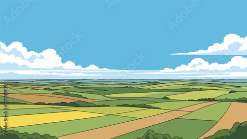 Flat vector illustration of North Dakota plains with rolling hills, farmland, and big skies, peaceful rural scenery rendered in solid flat vector style.
