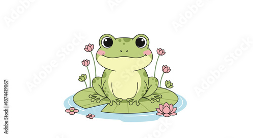 Happy green frog sitting on a lily pad in a pond surrounded by pink lotus flowers and small water blossoms on a clean white background.