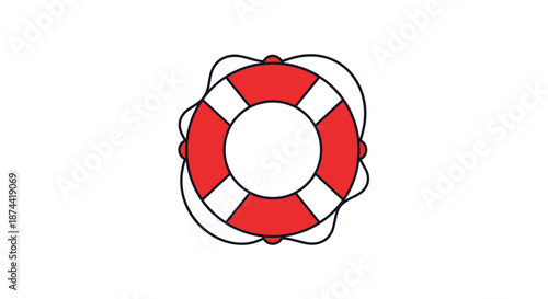 Red and white marine lifebuoy illustration with a black rope around its perimeter, isolated on a clean white background for safety themes.