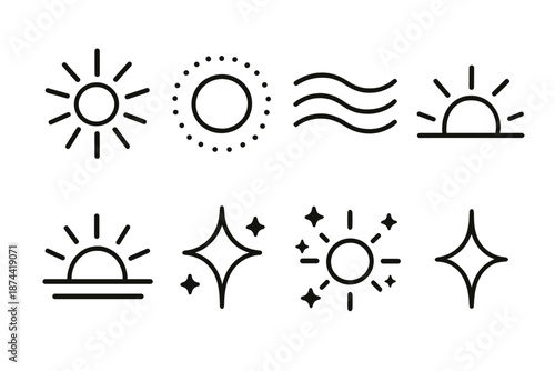 Encouraging Light Icons. Encouraging Light set in outline vector style : warm flare, gentle pulse, uplifting wave, calm glow, rising arc, reflective mark, soft shimmer, hopeful spark