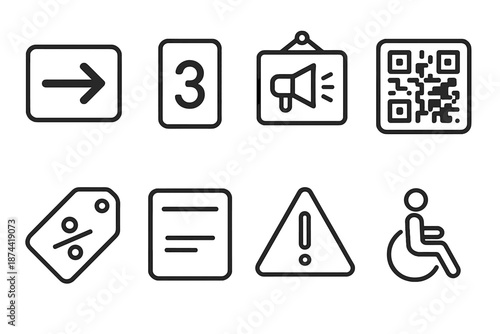 Directional Signage Icons. Pickups Signage & Directions set in outline vector style : directional arrow, aisle number, sale sign, QR code tile, discount tag,