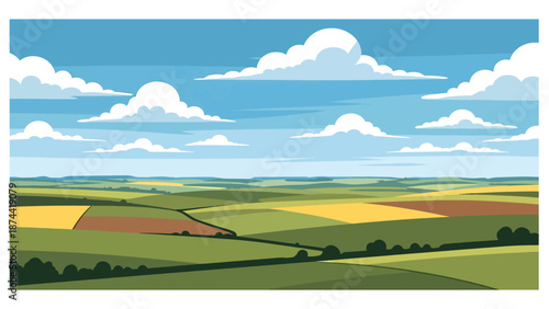 Flat vector illustration of North Dakota plains with rolling hills, farmland, and big skies, peaceful rural scenery rendered in solid flat vector style.