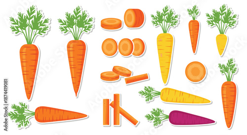 Set of carrot stickers featuring whole vegetables with green tops, sliced pieces, and sticks, all with white borders on a white background.