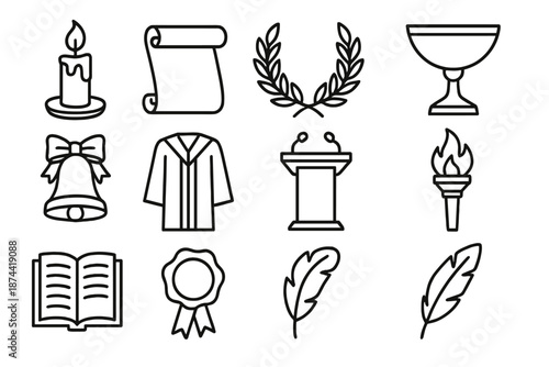 Traditional Icon Set. Tradition set in outline vector style : candle, scroll, laurel wreath, chalice, bell, ribbon, ceremonial robe, podium, torch, book, wax seal, feather