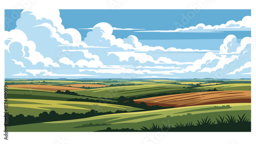 Flat vector illustration of North Dakota plains with rolling hills, farmland, and big skies, peaceful rural scenery rendered in solid flat vector style.