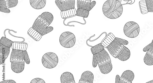 Winter themed seamless pattern in black and white line art showing cozy knitted mittens and balls of yarn on a clean white background.