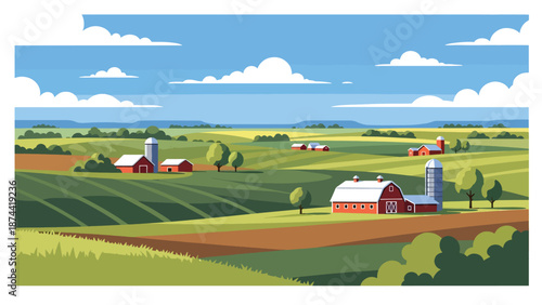 Flat vector illustration of North Dakota plains with rolling hills, farmland, and big skies, peaceful rural scenery rendered in solid flat vector style.