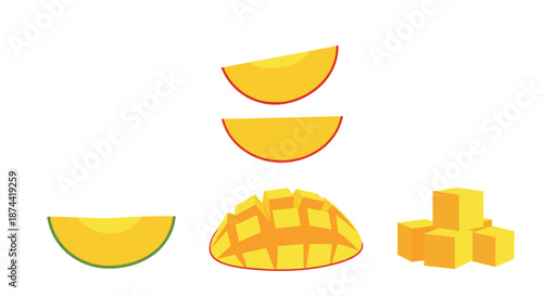 Set of fresh mango pieces including a whole slice, half a mango with cross hatches, and several bright yellow fruit cubes for snacking.