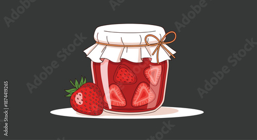 Glass jar filled with delicious strawberry jam containing whole fruit pieces, finished with a white paper lid tied with a thin brown cord.