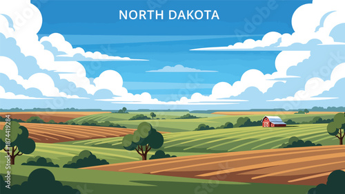 Flat vector illustration of North Dakota plains with rolling hills, farmland, and big skies, peaceful rural scenery rendered in solid flat vector style.