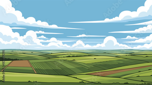 Flat vector illustration of North Dakota plains with rolling hills, farmland, and big skies, peaceful rural scenery rendered in solid flat vector style.