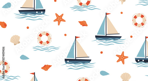 Nautical seamless pattern featuring sailboats, lifebuoys, starfish, and seashells scattered on a white background with gentle blue waves.