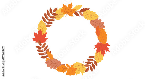 Beautiful autumn wreath made from various fall leaves in shades of orange, yellow, and red arranged in a circle on a white background.