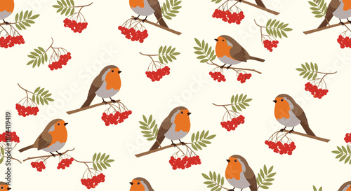 Charming seamless pattern featuring cute robin birds perched on branches with red rowan berries and green leaves over a light cream background.