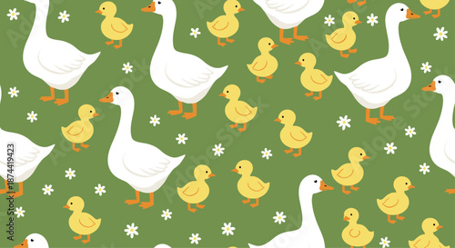 Charming seamless pattern depicting adult white geese and yellow fluffy goslings with small white flowers on a vibrant green meadow background.
