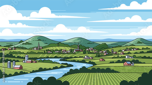 Flat vector illustration of Ohio landscape featuring rivers, rolling hills, forests, farmland, and small towns, balanced Midwestern scenery in solid colors