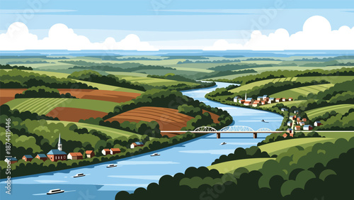 Flat vector illustration of Ohio landscape featuring rivers, rolling hills, forests, farmland, and small towns, balanced Midwestern scenery in solid colors
